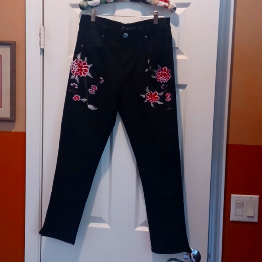 Sandpiper Black with Red Stitched Floral Skinny Jeans